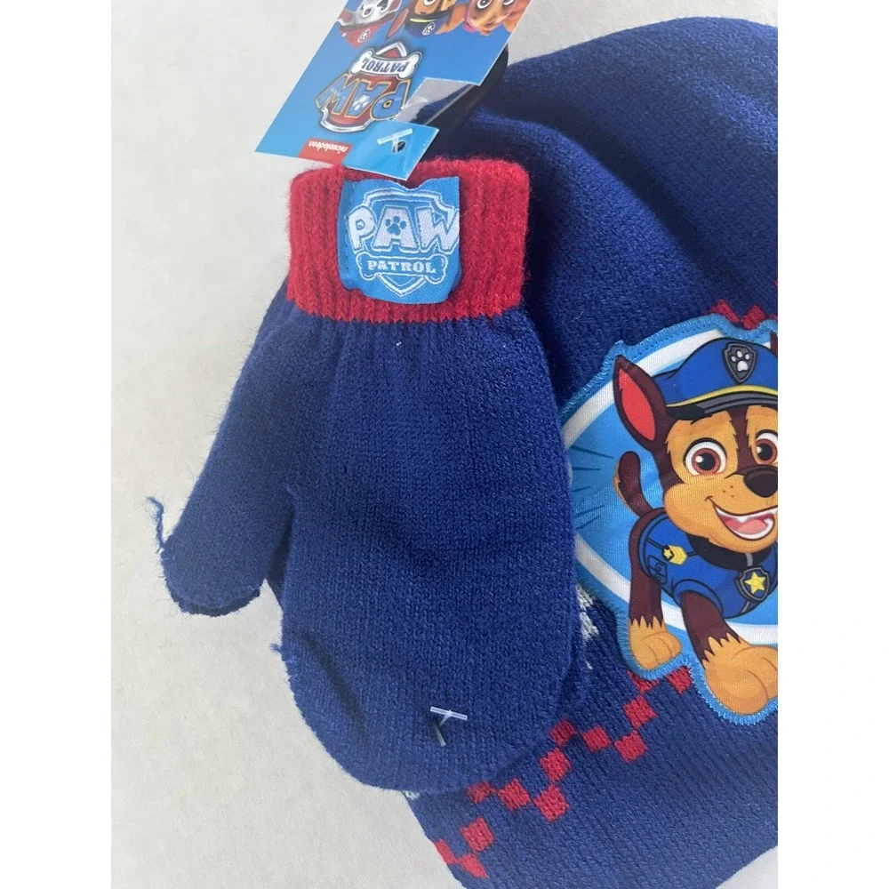 Paw Patrol Knit Hat Beanie &‎ Mitten Set Kids Nickelodeon New Blue Red BxW